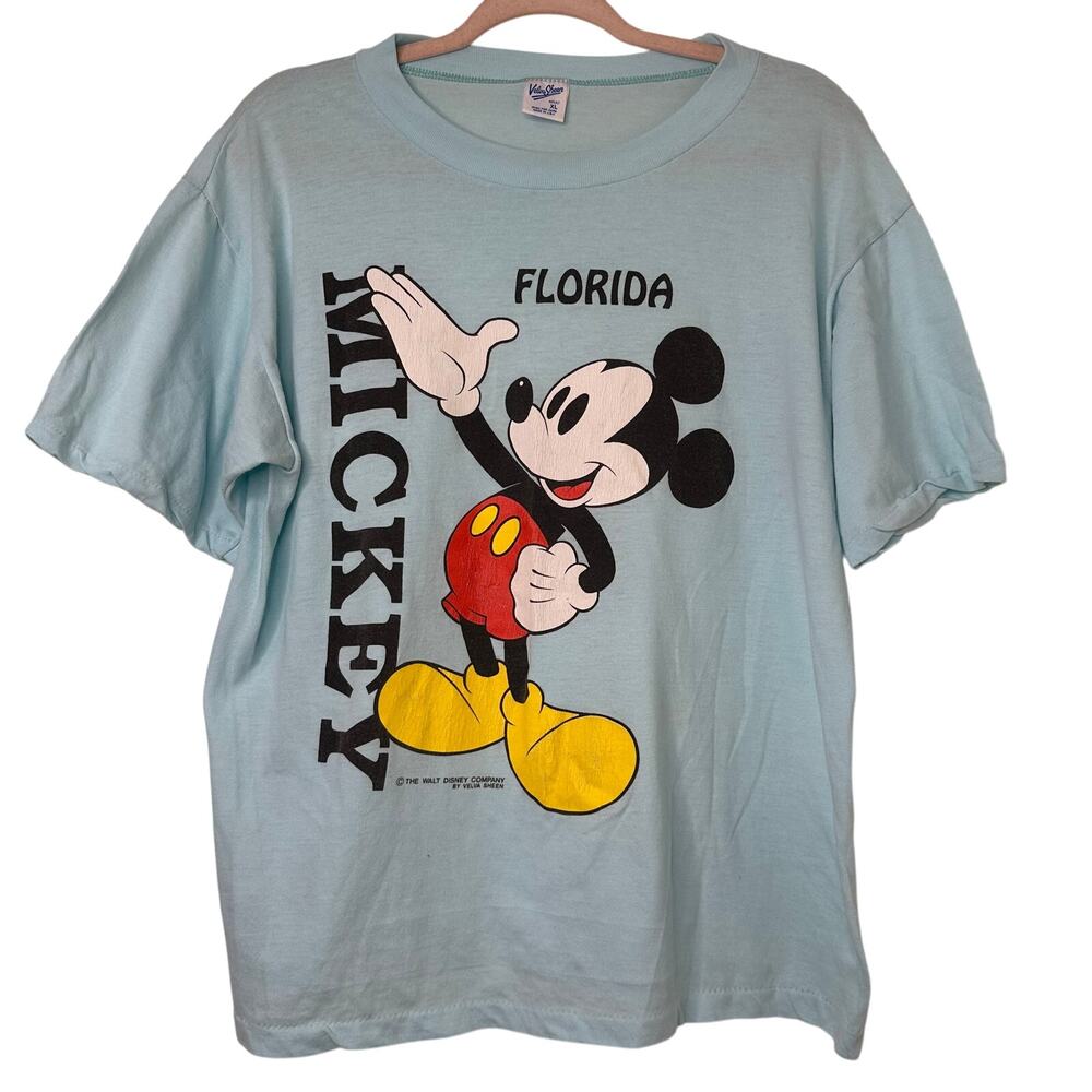XL VTG 90s Velva Sheen Disney Mickey Mouse T-Shirt Light Blue Single Stitch Rare